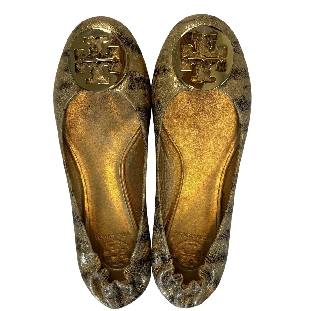 Tory Burch Reva Ballet Flats Gold Snakeskin Women 9.5 Metallic Logo Medallion